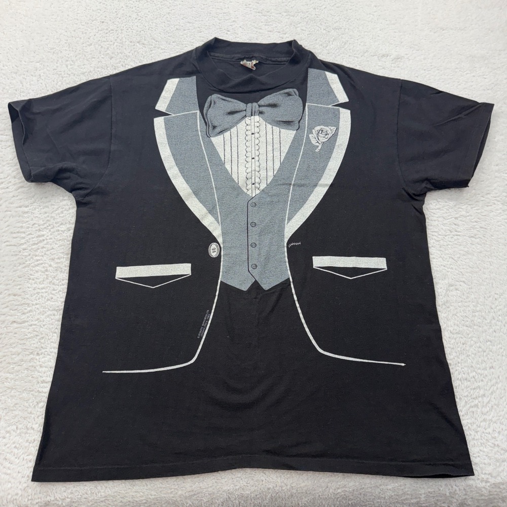 Vintage 1980 Hanes Beefy-T Tuxedo Graphic T-Shirt Men XL Black Single Stitch USA
